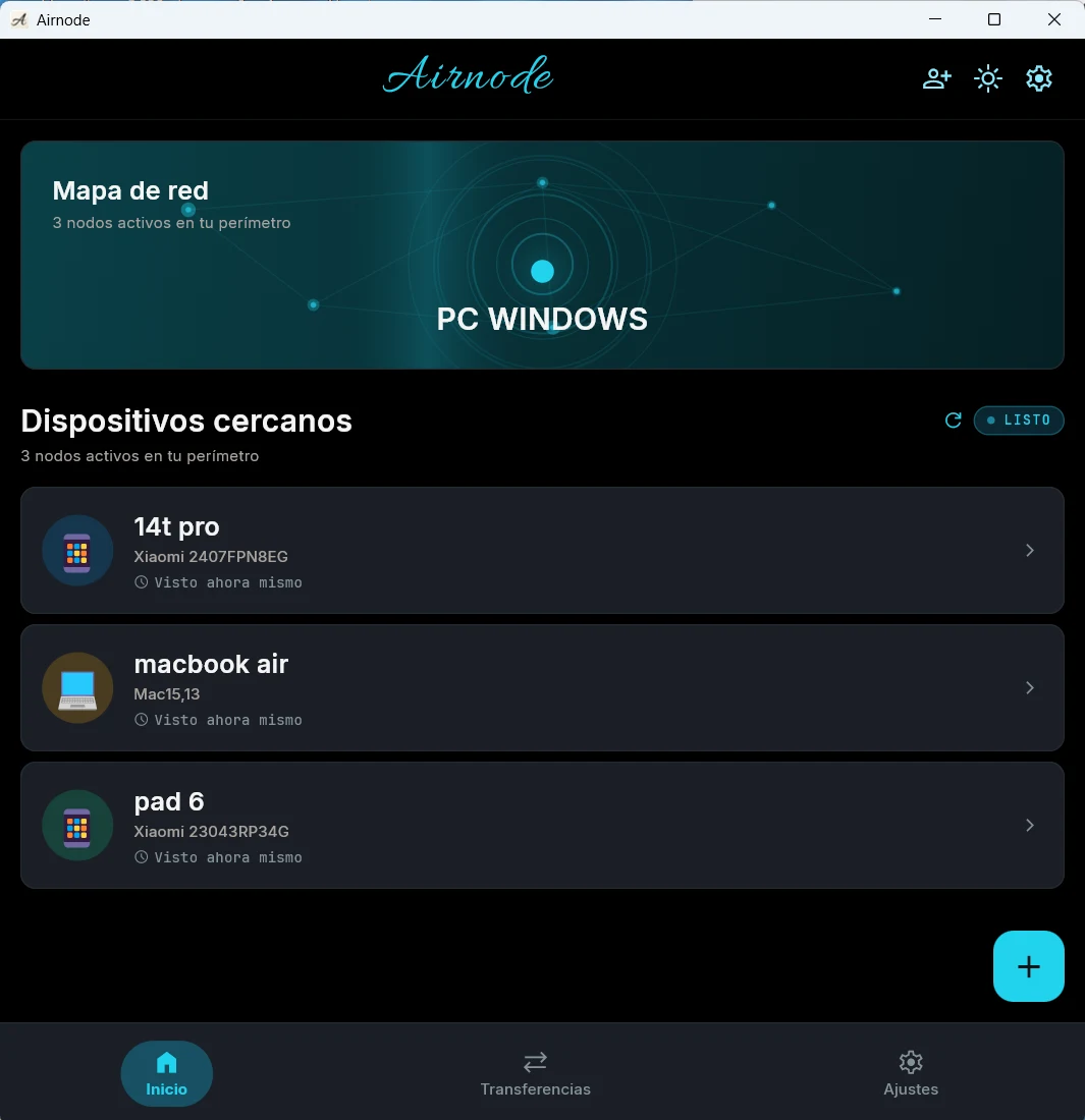 Airnode en Windows: mapa de red con tres dispositivos cercanos