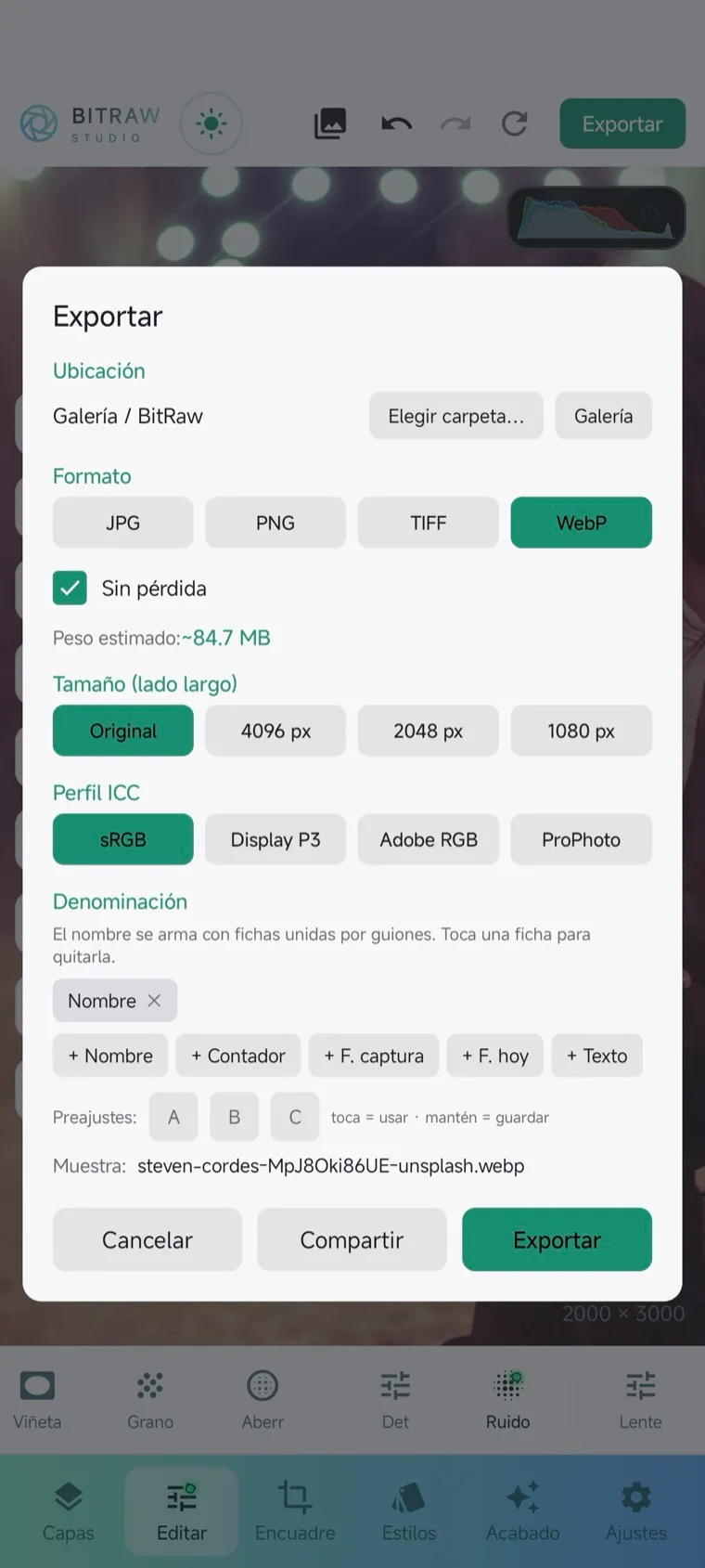Exportación en el teléfono: formatos, tamaño y perfil ICC