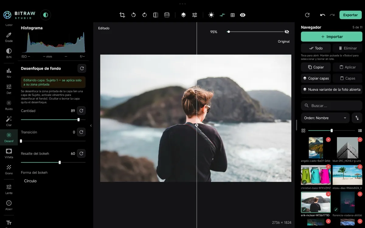 BitRaw Studio en tablet: desenfoque de fondo con comparación antes y después