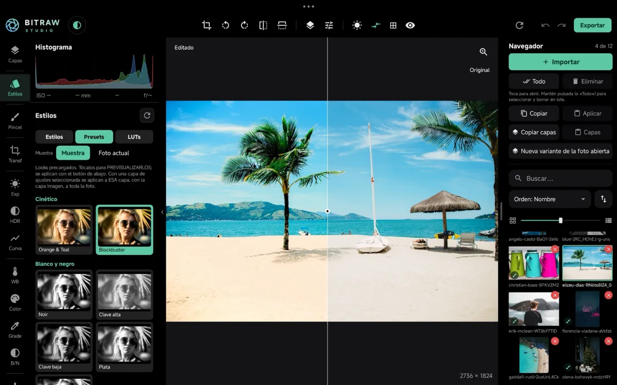 Presets con muestrario sobre la foto actual